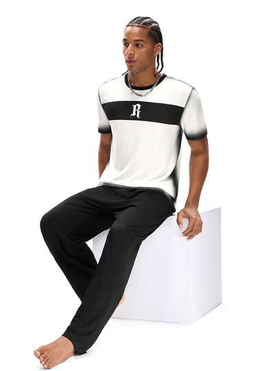 Rest Era The Top Features A Light Gray Ombre Base Color Paired With Black Contrast Stripes On The Chest, With The White Letter "R" As A Visual Highlight In The Center. The Round Neck Short Sleeve Silhouette Is Simple And Clean-Cut. The Bottom Is A Solid Black Relaxed-Fit Pants With An Elastic Waistband, Offering A Flowing And Comfortable Overall Look.