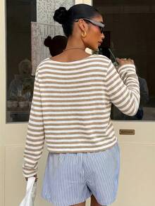 Muchica Women's Spring/Summer New Striped Loose Off-Shoulder Long Sleeve Cropped T-Shirt - Khaki - View 2