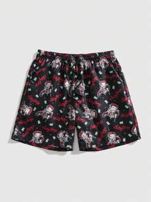 ROMWE MEN Betty Boop | ROMWE Men's Letter & Cartoon Print Drawstring Waist Pocket Casual Shorts - Black - View 1