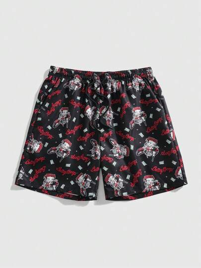 ROMWE MEN Betty Boop | ROMWE Pantalones cortos casuales para hombres con cordón en la cintura y bolsillo con estampado de letras y dibujos animados