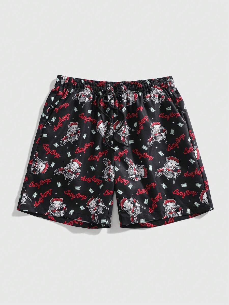 ROMWE MEN Betty Boop | ROMWE Men's Letter & Cartoon Print Drawstring Waist Pocket Casual Shorts - Black - View 1