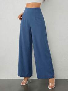 SHEIN PETITE Quần ống rộng cạp cao, chất liệu vải dệt, đơn giản, thoải mái dành cho nữ mùa tựu trường, phong cách cổ điển, thích hợp đi làm. - Màu xanh bụi bặm - Xem 7