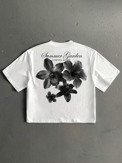 StoneGrade Ink Floral Handwritten Font Casual Print Men's Standard Fit Cropped Loose Short Sleeve T-Shirt, Essential For Dates And Gatherings, Fashionable Couple Gift For Boyfriend