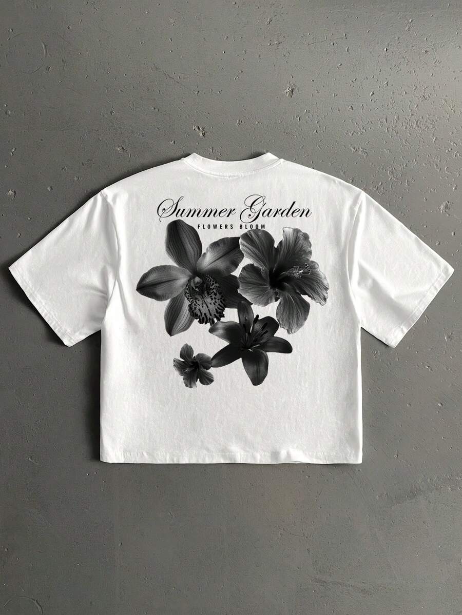 StoneGrade 墨水花卉手写字体休闲印花男士标准版型宽松短袖T恤，约会聚会必备，时尚情侣礼物送给男友 - 白色 - 查看 1
