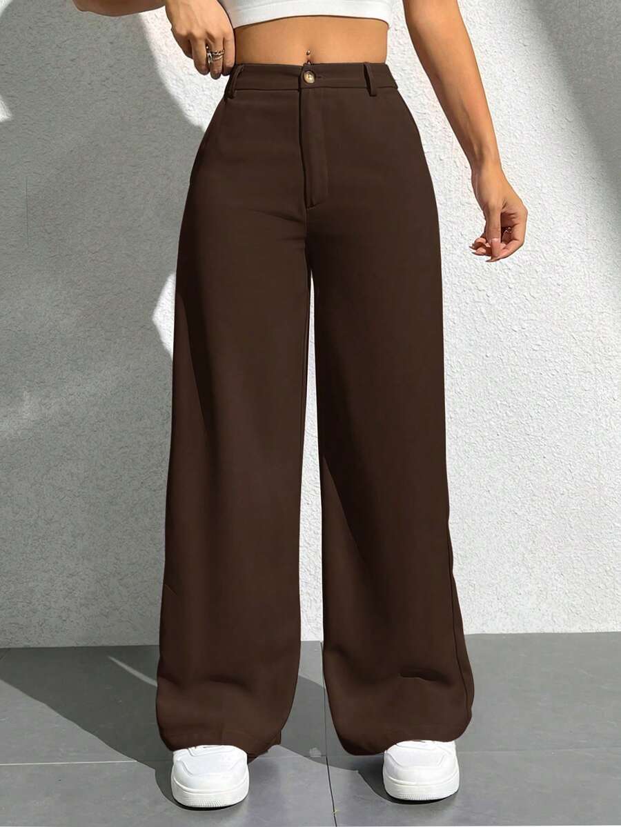 SHEIN PETITE Pantalones rectos casuales de mujer con bolsillos - Café integral - Ver 1