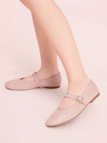 CUCCOO DOLLMOD Giày bệt nữ màu hồng nhạt, mũi tròn, quai ngang có khóa vuông màu vàng, kiểu Mary Jane, chất liệu da lộn, phong cách retro thanh lịch thường ngày, phù hợp cho trang phục hàng ngày và hẹn hò, giày bệt đế mềm, giày mùa xuân. - Màu Hồng baby - Xem 3