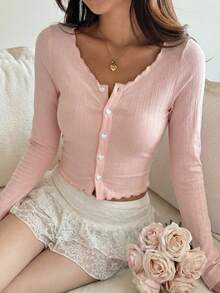 DAZY Textured Striped Pink Long Sleeve Women T-Shirt With Heart Buttons Decor, Suitable For Spring And Summer Y2k - Pink - View 7