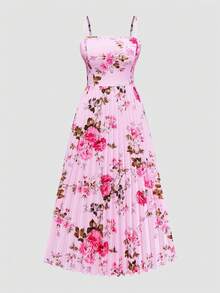 Franclia Vestido de mujer talla grande de gasa con estampado floral, manga de mariposa, cintura con moño, bajo plisado, conjunto de 2 piezas para uso casual/vacaciones/citas - Rosa - Ver 7