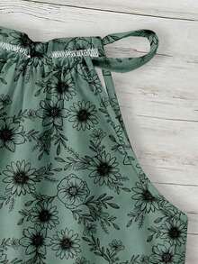 SHEIN LUNE Casual Minimalist Green Floral Line Print Pattern Women's Halter Neck Camisole, Suitable For Spring & Summer - Multicolor - View 3