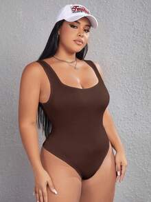 SHEIN EZwear Plus Size Sleeveless Solid Color Bodysuit, Summer - Chocolate Brown - View 3