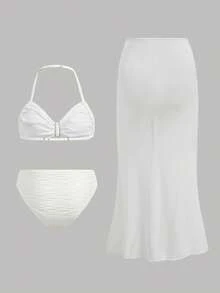 Bộ bikini 3 mảnh cho bé gái tuổi teen, thích hợp mặc đi nghỉ mát, kiểu dáng thường ngày, thời trang, cổ yếm, chất liệu vải có họa tiết, màu trắng, áo bơi cổ yếm và quần bơi, váy bơi, họa tiết hoa và cúc kim loại, bộ bikini 3 mảnh, thích hợp cho kỳ nghỉ biển. - trắng - Xem 2