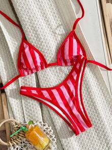 Swim Vcay Bộ bikini tam giác kẻ sọc in họa tiết ngẫu nhiên dành cho nữ, mẫu mới Xuân/Hè 2026, gồm quần bikini và áo tắm casual đi biển. - Nhiều màu - Xem 1