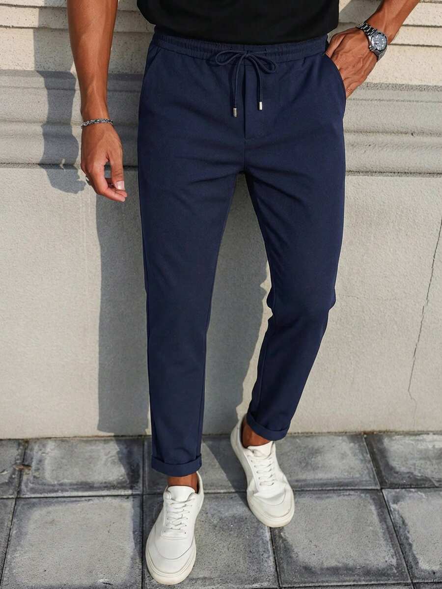 Men's Solid High-Waist Drawstring Detailed Casual Pants With Cuffed Hem - Navy Blue - View 1