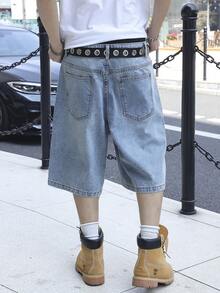 Manfinity EMRG Quần short denim nam màu xanh nhạt thêu họa tiết, kiểu dáng thường ngày. - Rửa nhẹ - Xem 2