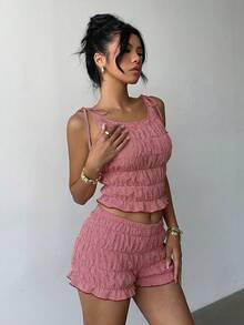 Aloruh 女士格子印花扭结圆领上衣和短裤休闲两件套 - 紅色 - 查看 5