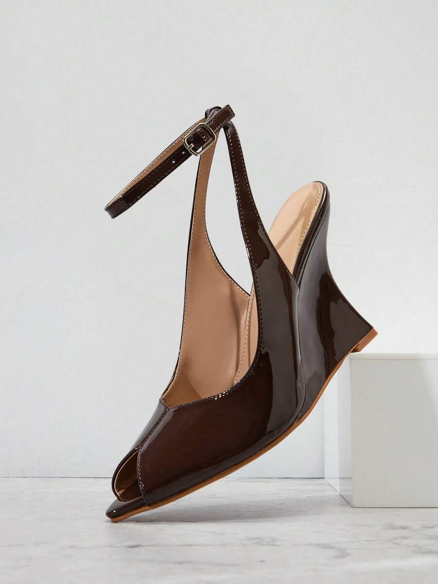 SHUZIA Sandalias de cuña con tira de tobillo y punta abierta para mujer - Marrón Chocolate - Ver 1