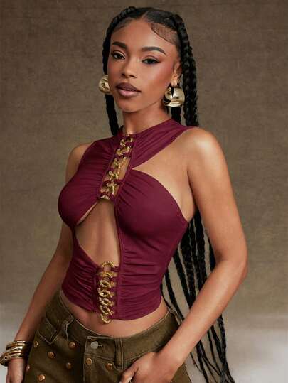 Denimoi Chain Detail Cut Out Sexy Top Concert Outfits Festival Outfits Clubwear