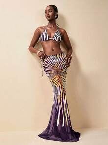 Zivah 2026春夏新品音乐节复活节西部波西米亚风纳什维尔派对约会之夜生日休闲度假邮轮海滩日光浴爆款优雅女士印花长袍连衣裙 - 紫色 - 查看 5