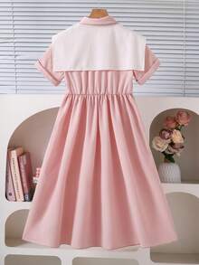 SHEIN Explorewe 少女開學季粉白優雅校服洋裝，復古披肩領短袖高腰中長裙，韓系時尚夏季休閒裙 - 粉色 - 查看 2