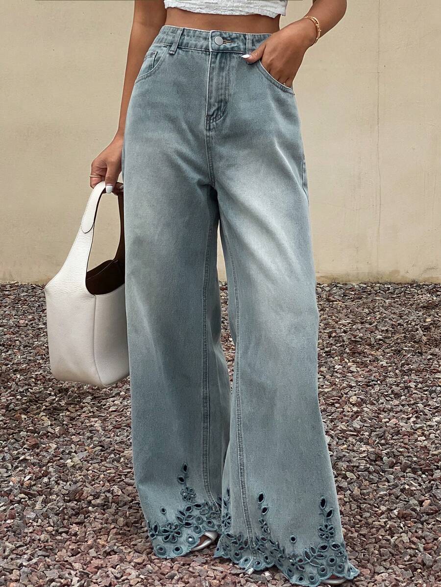 DAZY 女士时尚宽松口袋牛仔裤 - 藍色 - 查看 1