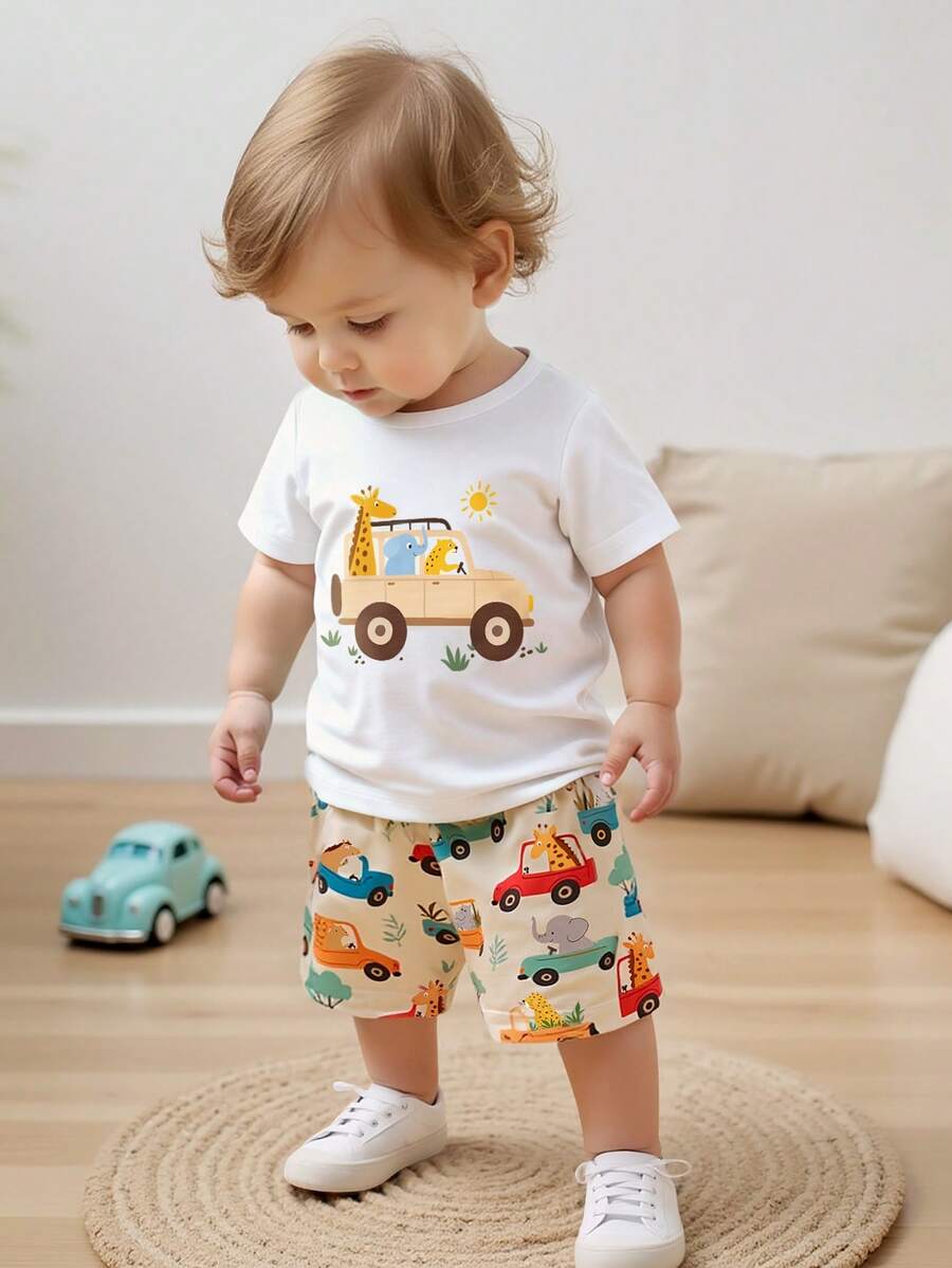 SHEIN Playful Pals Bộ đồ cho bé trai gồm áo tay ngắn và quần short in hình động vật và ô tô hoạt hình dễ thương, thích hợp cho các chuyến đi chơi mùa xuân/hè và mặc hàng ngày. - Nhiều màu - Xem 1