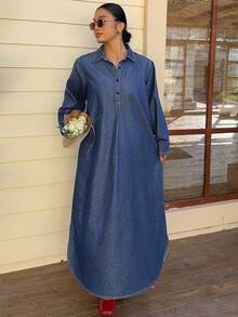 Dazy Plus Đầm denim dáng rộng thoải mái kiểu retro, cổ bẻ, dáng chữ A dài, ôm dáng, thích hợp cho mùa xuân và mùa thu. - Rửa trung bình - Xem 4