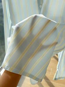 SHEIN Women's 2pcs Casual Striped Shirt & Shorts Set,Long Sleeve Turn-Down Collar Button Up Top,Loose Fit Outfit For Autumn,Cute Holiday Back-To-School - Multicolor - View 5