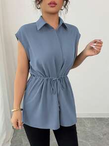 Elenzga 女士休闲度假通勤衬衫领纽扣抽绳腰A字落肩上衣 - 霧霾藍 - 查看 3