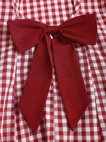 法式甜美风红色格子复古小方领修身显瘦性感露背夏季度假短裙，饰有蝴蝶结，百搭优雅派对浪漫风女装 - 酒紅色 - 查看 5