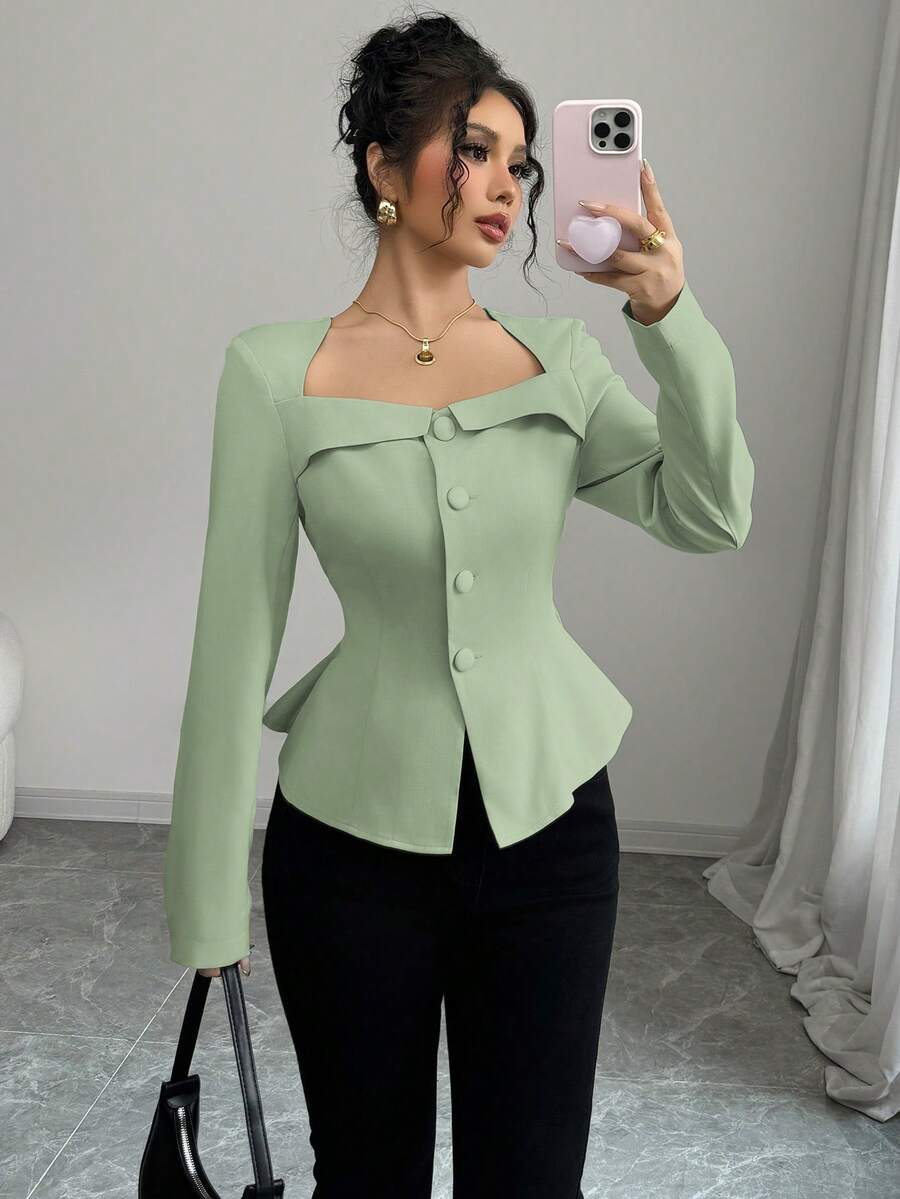 Selianne Women's Elegant Sage Green Long Sleeve Blouse,Autumn Office Work Blouses,Trapezoid Square Collar Front Button Waistline Decor A-Line Business Tops - Mint Green - View 1