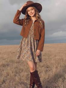 SHEIN Emery Rose Kids LMoss Tween Girl Tween Girl 休闲编织长袖衬衫上衣和碎花吊带裙套装 - 棕色 - 查看 1