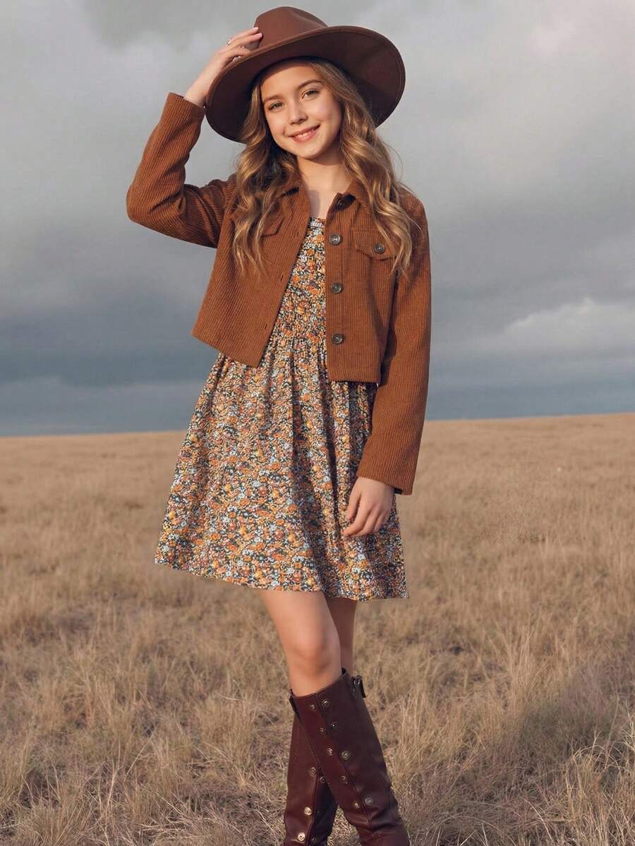 SHEIN Emery Rose Kids LMoss Tween Girl Tween Girl 休闲编织长袖衬衫上衣和碎花吊带裙套装 - 棕色 - 查看 1