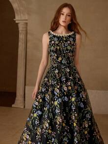 MOTF PREMIUM WOMEN'S EMBROIDERY MESH FLORAL PATTERN ROMANTIC DATE SLEEVELESS LONG DRESS, SPRING/SUMMER - Black - View 4
