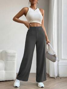 SHEIN PETITE Women's Solid Color Casual Versatile Daily Wear Pants - Grey - View 4