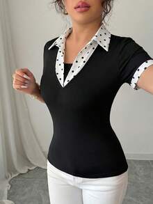 Franclia 女士优雅复古风黑白波点印花二合一商务休闲T恤，适合办公室和返校季穿着 - 黑與白 - 查看 5