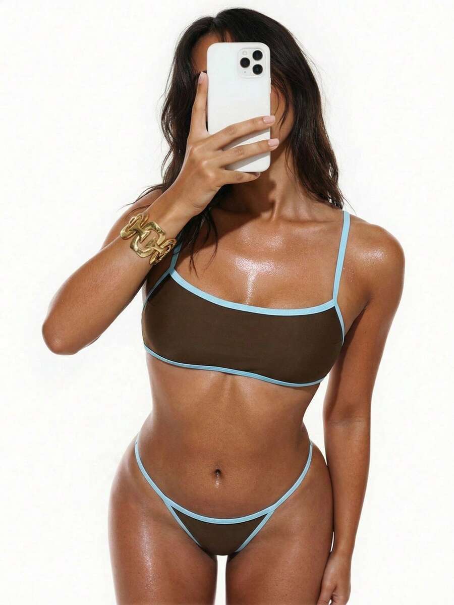 Swim Basics Women's Contrast Trim Lace-Up Sexy Bikini Top - Baby Blue - View 1