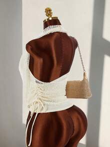 Amplova Áo kiểu nữ cổ chữ V khoét sâu, hai lớp, buộc dây cổ, kiểu dáng thường ngày. - Màu be - Xem 2