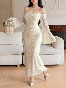 DAZY Women's Elegant Lace Off-Shoulder Long Dress, Spring/Summer Wedding Guest Dress Sundress - Beige - View 9