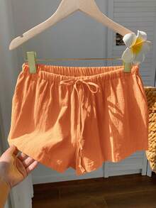 Comfortcana Women's Casual Loose Drawstring Solid Color Shorts, Versatile Daily Wear Coral Orange Linen Shorts - Coral Orange - View 7