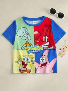 SpongeBob SquarePants | SHEIN 男童撞色圆领卡通印花休闲短袖T恤，夏季 - 藍色 - 查看 2