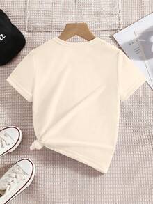 SHEIN Girls' Casual Faux Rhinestone Bow Print Short Sleeve T-Shirt, Creative Butterfly Print Black Bow Short Sleeve Top, Versatile Spring/Summer - Apricot - View 2