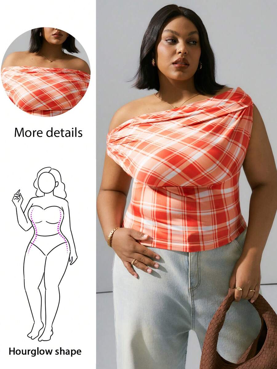 Hourglow 大码夏季休闲格子印花百搭T恤，夏季上衣，适合沙漏型身材 - 彩色 - 查看 1