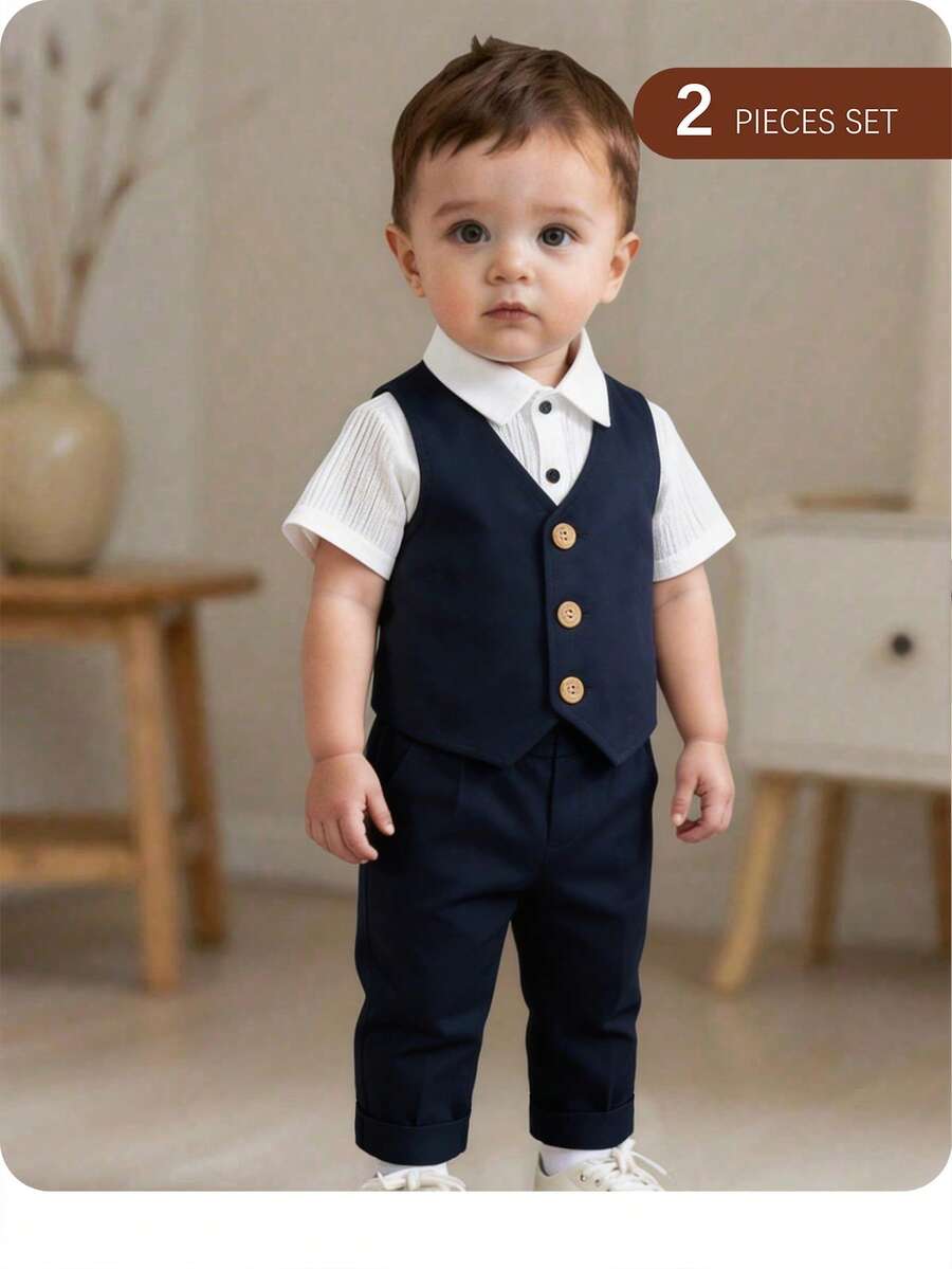 男宝宝学院风可爱百搭海军蓝背心和裤子绅士套装 - 藍色 - 查看 1