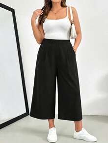 SHEIN Essnce 大码女装春夏时尚休闲宽松舒适日常弹力腰蓝色阔腿裤七分裤，宽松裤，女式下装，女士七分裤，欧洲夏季，工作裤 - 黑色 - 查看 4