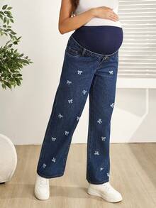 SHEIN Quần jeans bầu màu xanh dương kiểu dáng thường ngày, thêu nơ, thời trang cho mùa xuân và mùa hè. - Màu xanh lam - Xem 6