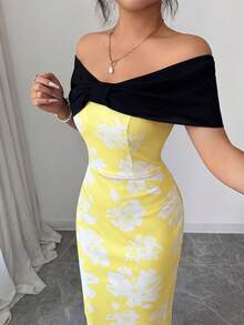SHEIN Elenzya 露肩蝴蝶结撞色腰身修身印花面料优雅浪漫简约女式连衣裙 - 淡黃色 - 查看 7