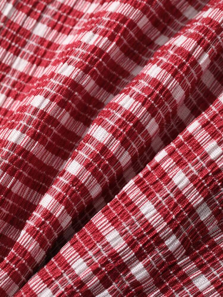 Plaid Pleated Waist Turndown Collar Short Sleeve Casual Vacation Summer Blouse For Women