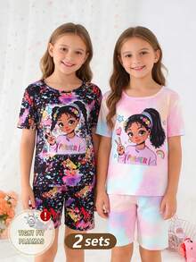 女童可爱扎染印花休闲短袖短裤睡衣套装，连体家居服 - 彩色 - 查看 9