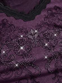 ROMWE Fairycore Plus Size Retro Y2K Totem Rhinestone Lace Trim Deep V-Neck 2 In 1 Cinched Waist T-Shirt - Purple - View 3