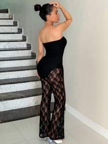 Milla Jasmine 女士性感优雅黑色蕾丝两件套，包括厚罗纹抹胸上衣和蕾丝喇叭裤，高弹力面料塑身，适合约会、聚会、派对、俱乐部、夜生活 - 黑色 - 查看 2